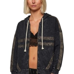 POL Mineral Wash Zip Hoodie Black Embroidered Boho Relaxed Fit Cotton Medium